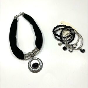 Scarf Necklace with Pendant and New Bracelet Set Black Silver Boho Festival